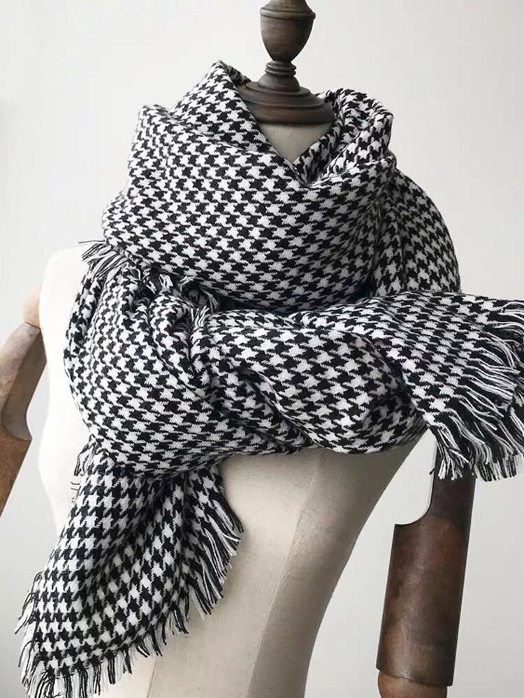 European And American Style Imitation Cashmere Scarf Shawl Dual Purpose Women Autumn And Winter Black And White Thousand Bird Check Double-Sided Thick Couple Neck details Picture