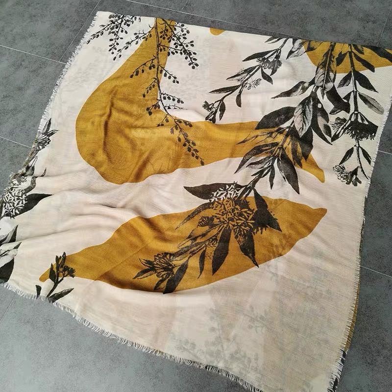 Yellow Floral Print Scarf Silk Scarf Oversized Shawl Scarf Dual Purpose details Picture