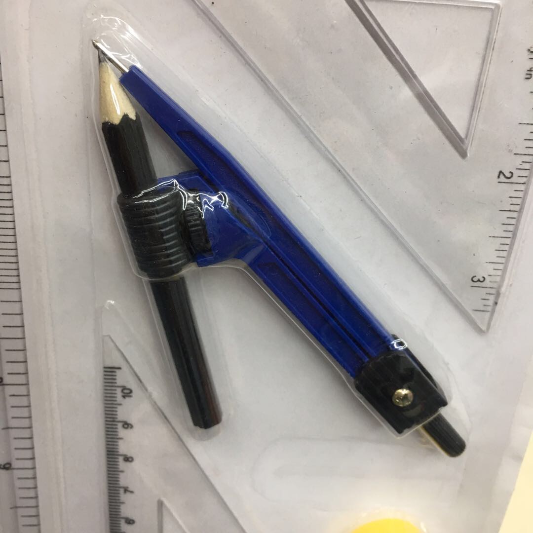 新款进口塑料半圆三角学生尺带圆规铅笔刀产品图