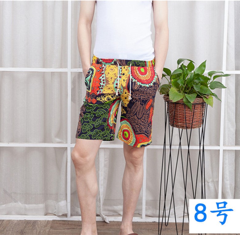 Summer men's cotton and linen five-inch shorts with fat casual beach pants, trendy men's sporty floral underpants, casual mid-length pants Specification image