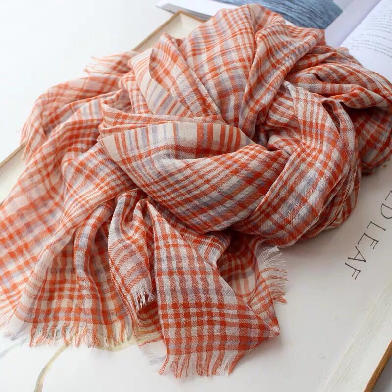 女士时尚百搭潮流文艺风棉麻细格纹围巾长巾产品图