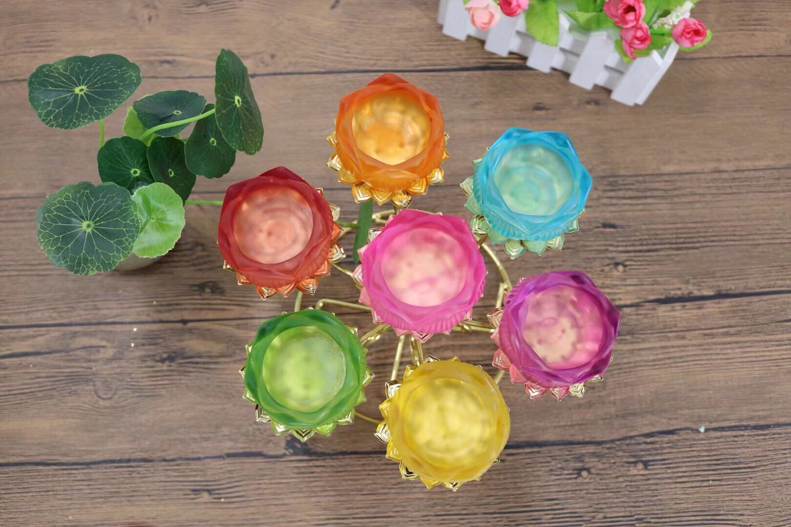 Seven-color glazed butter lotus lamp base, six-leaf lotus, eight treasures, auspicious, high-temperature resistant, windproof, long-lasting, offering lamp candlestick details Picture