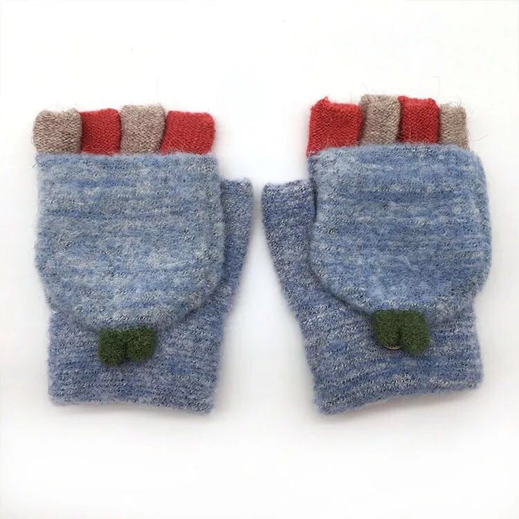 手套女冬季保暖韩版学生卡通针织毛线提花豆芽翻盖半指两用手套