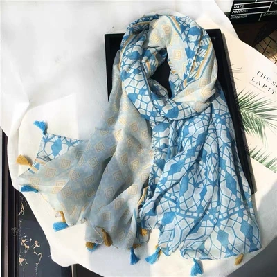 Blue Printed Scarf Long Silk Scarf With Fringe