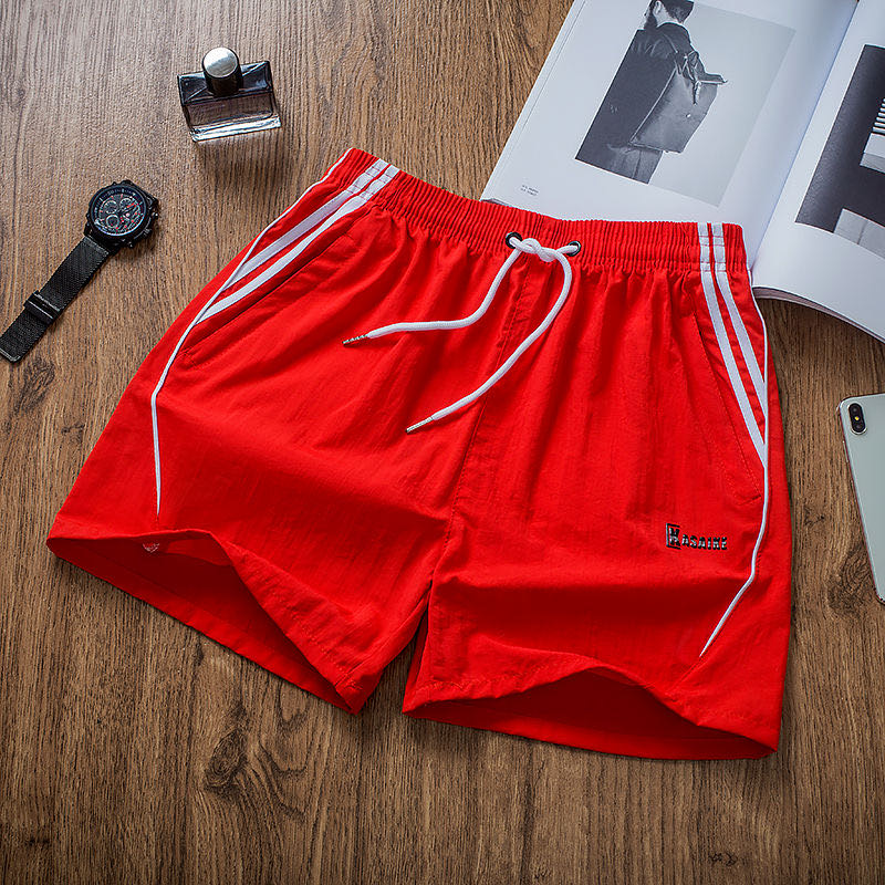 夏季男士休闲短裤跑步健身三分运动裤拉链口袋居家睡裤速干沙滩裤红色图