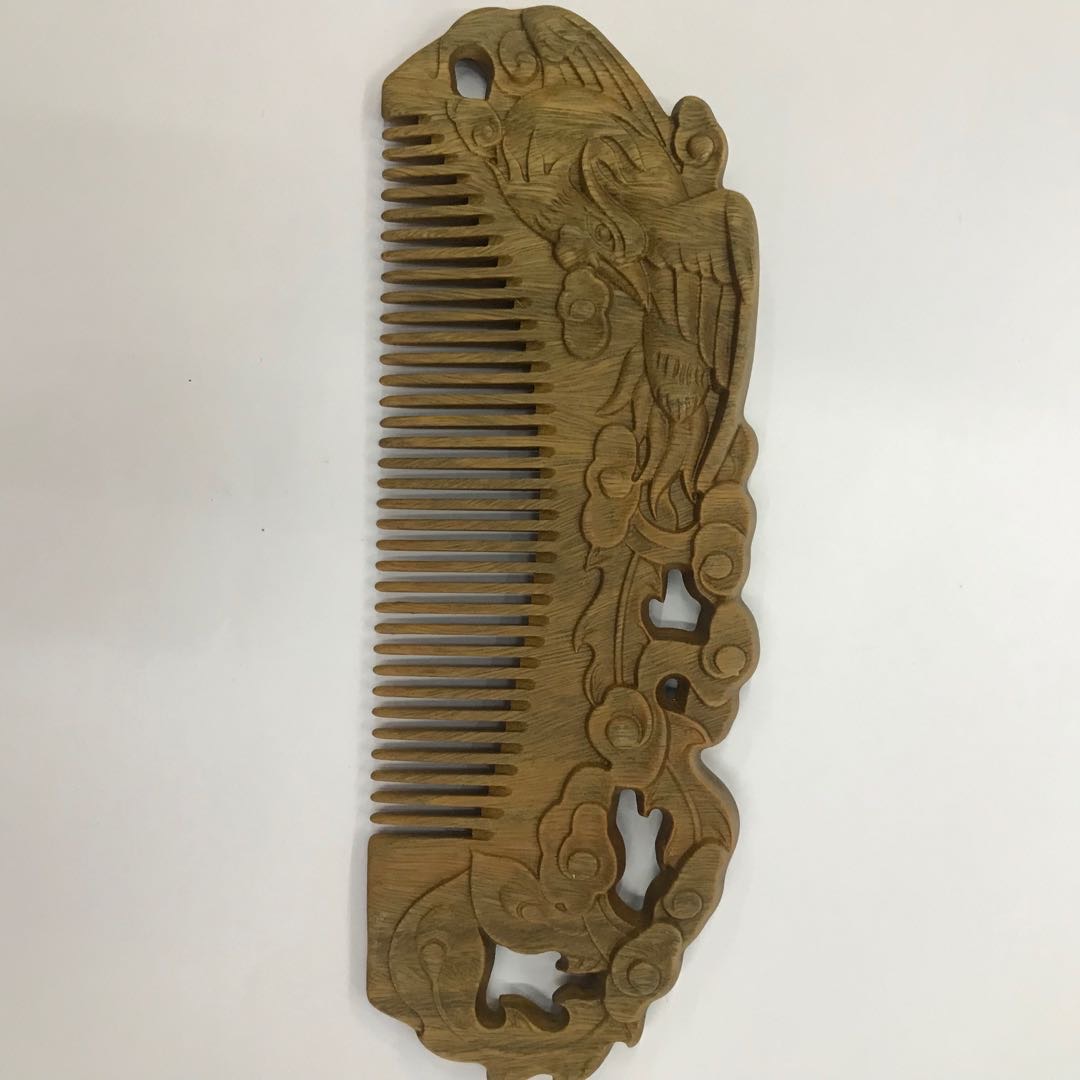 头皮按摩梳子雕凤头部经络梳小号天然绿檀木梳宽齿乳腺梳