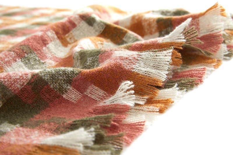 Stylish woman wearing plaid scarf in different outfits