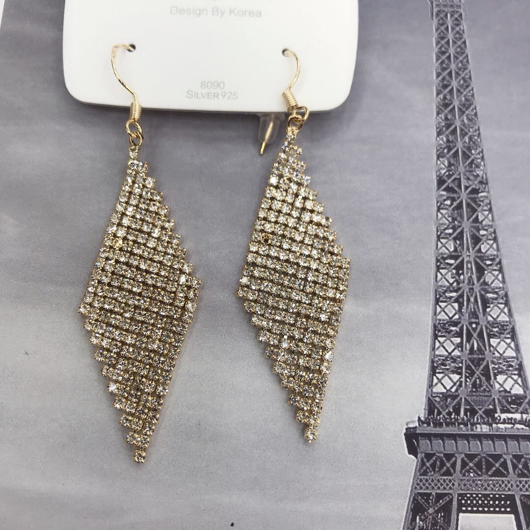 Light luxury full-diamond earrings in geometric rhombus shape, elegant long earrings
