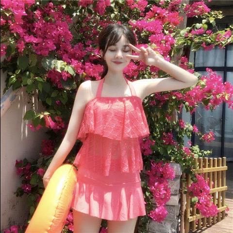 泳衣女韩版大码分体绑带遮肚显瘦保守蕾丝少女两件套游泳衣