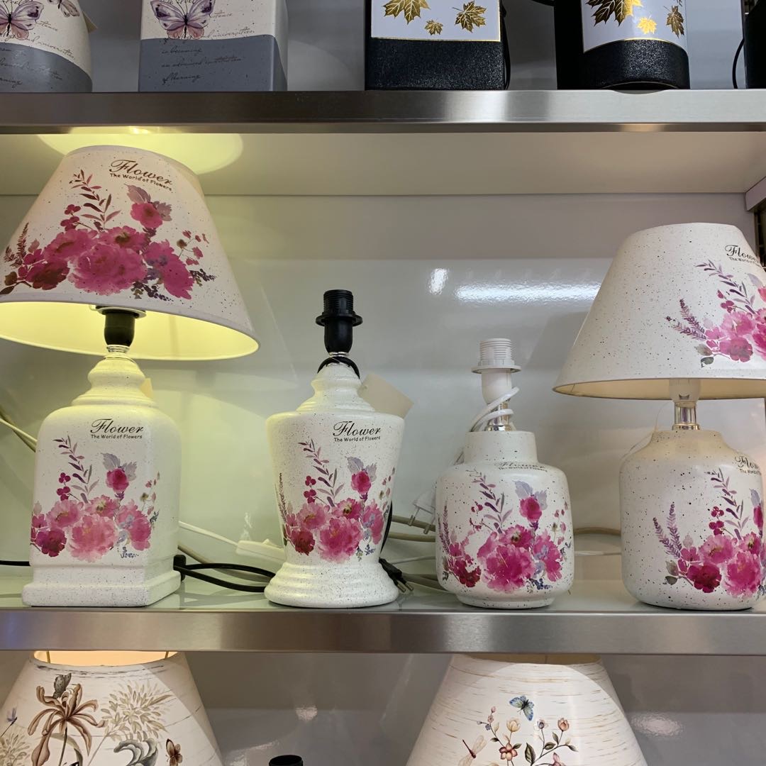 陶瓷台灯大花朵喷绘工艺客厅卧室床头灯 简约装饰布罩台灯LED灯具酒店客房灯
