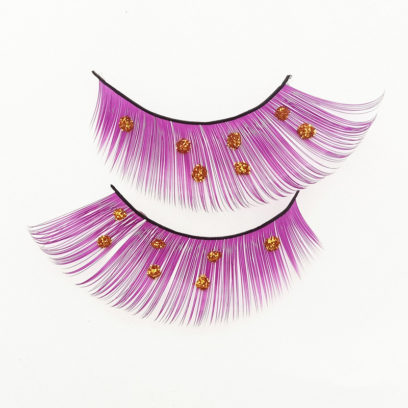 A Pair Of Pink Chemical Fiber Eyelashes Hand-Exaggerated Stage Purple Color False Eyelashes details Picture