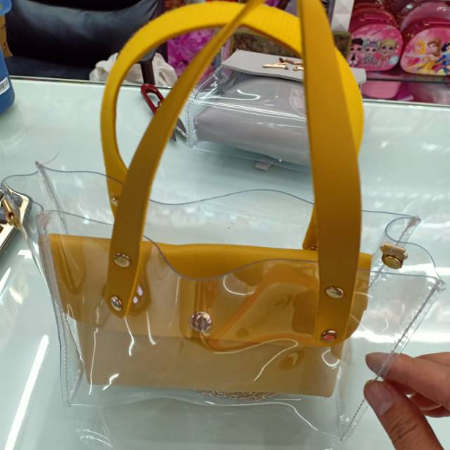 韩版黄颜色透明两件套手提小包包