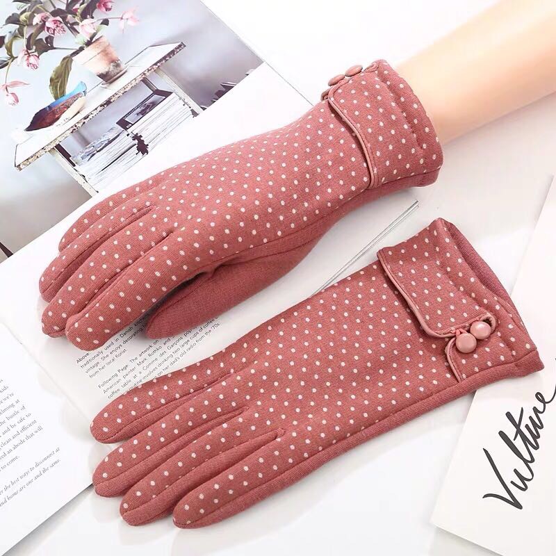 手套女秋冬季韩版波点纽扣触屏加绒保暖骑车手套开车防寒均码手套