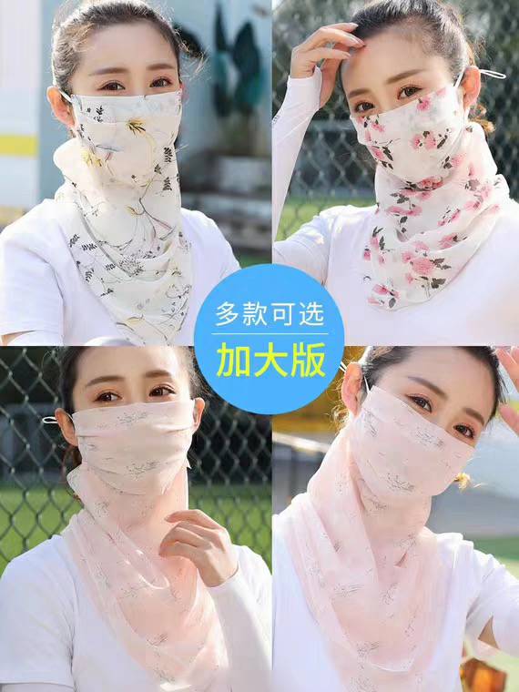 挂耳面纱围巾夏季防晒护颈薄款百变脖套遮脸丝巾套头假领子围脖加大女面纱细节图