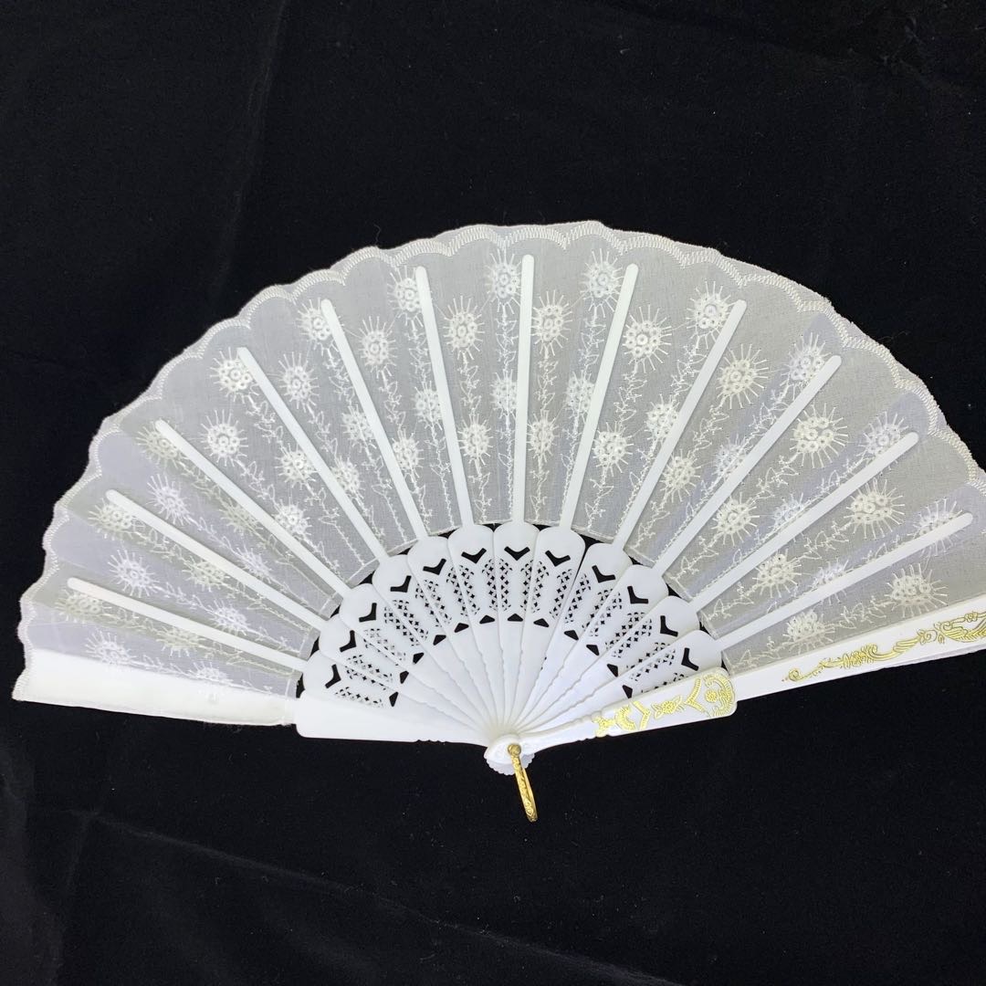 中国刺绣亮片扇白杆白亮片扇子塑料骨西班牙扇子欧式折叠亮片产品图