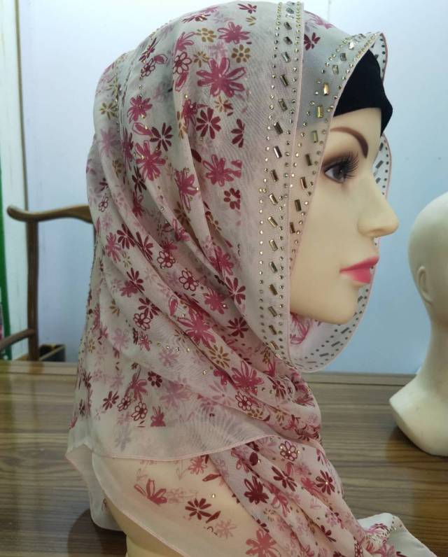 Women's fashion Muslim scarf chiffon print hot drill color thumbnail