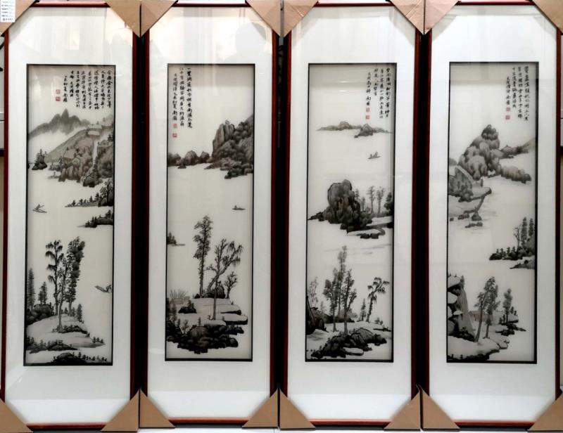 四联报春图花梨刺绣画纯手工刺绣画机器剌绣画