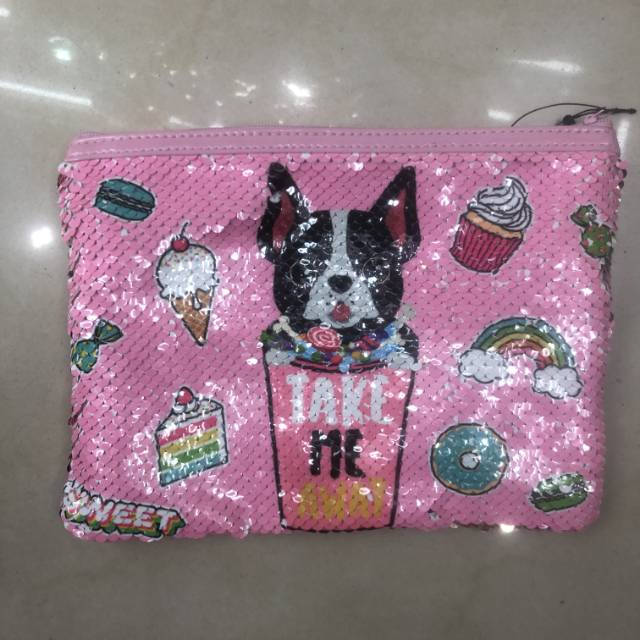 粉色小奶狗系列扁状便携化妆包