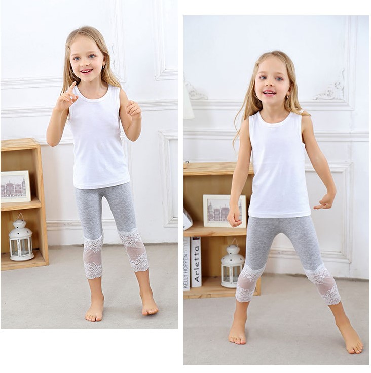 夏季童裤 女童打底裤 糖果色莫代尔儿童七分裤 蕾丝拼接七分裤3细节图