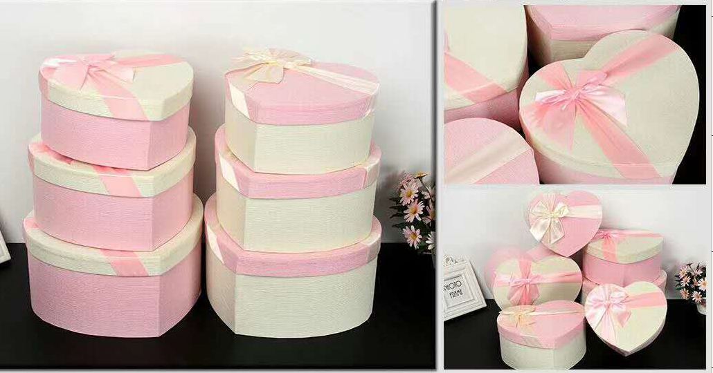 Tianxiang Craft Gift Box Creative high-end special paper peach heart heart large, medium and small three-piece set ribbon bow gift box packaging box paper box Specification drawing