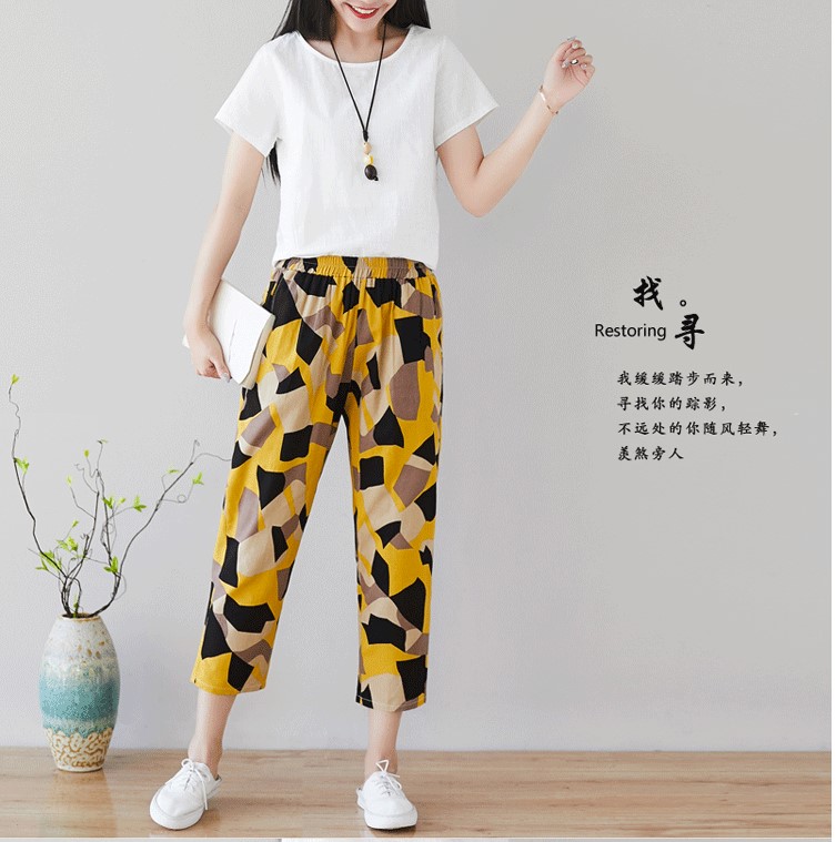 Xia Xin women's 8-inch lace-up pocket straight-leg Harem pants, loose large-sized washed cotton and linen printed women's pants Specification image