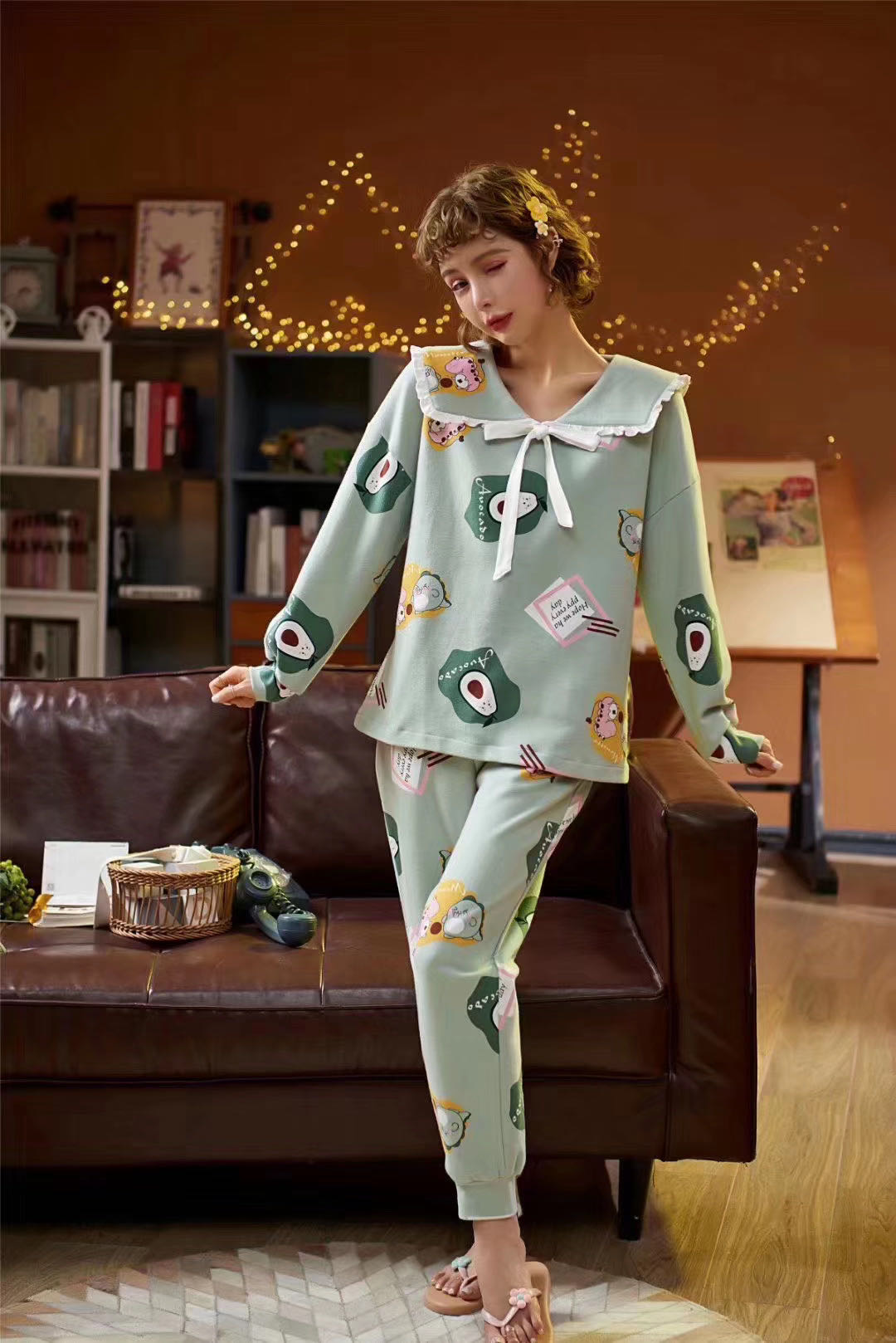 Pajama women's Spring and autumn pure cotton long-sleeved thin student Korean-style cute loose women's two-piece home wear details Picture