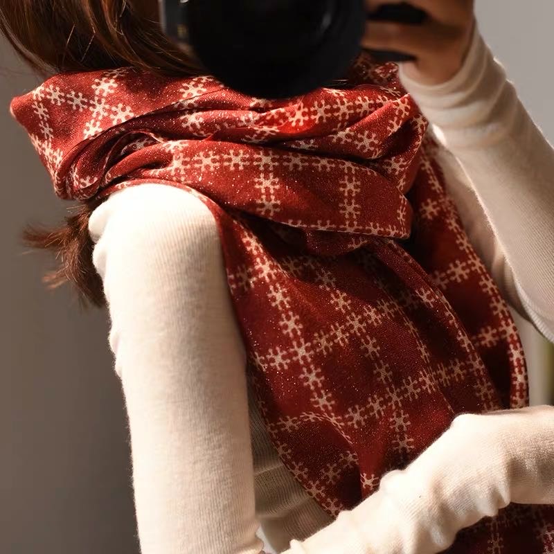 双色可选雪花图案印花围巾丝巾长款披肩图