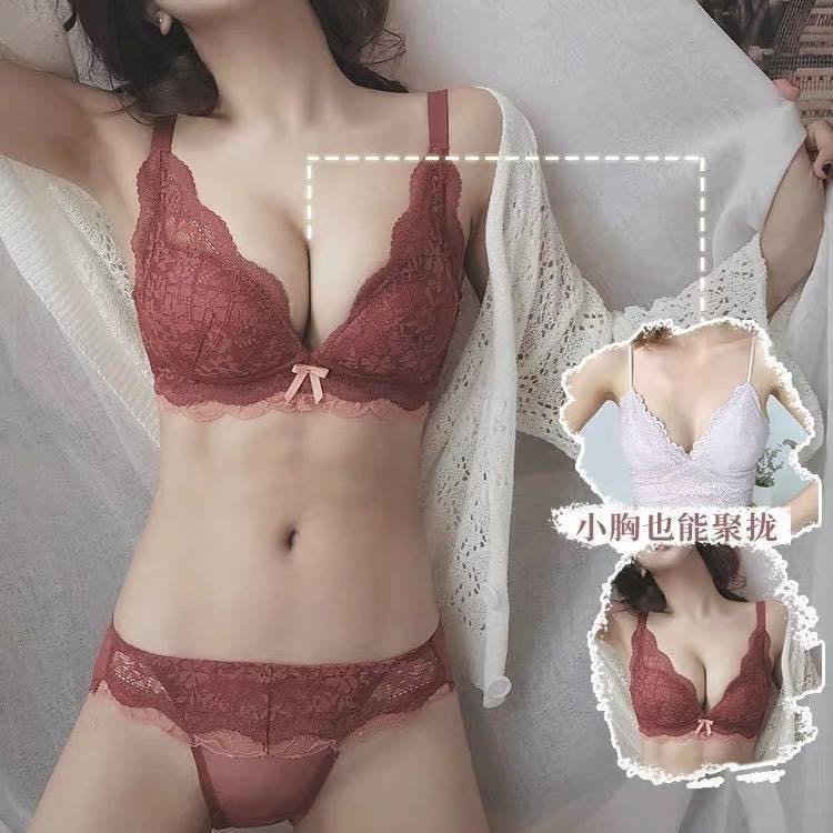酒红色内衣女无钢圈小胸聚拢调整型收副乳上托性感蕾丝文胸