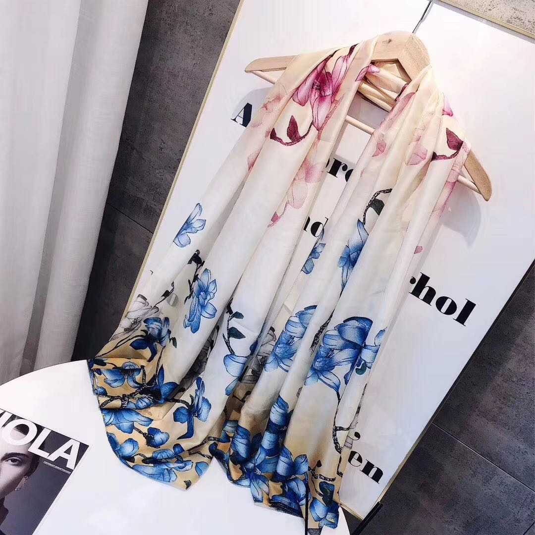 A new silk satin scarf with lilies for women's fashion trends in spring and autumn Specification image