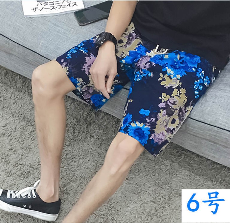 Summer men's cotton and linen five-inch shorts with fat casual beach pants, trendy men's sporty floral underpants, casual mid-length pants details Picture