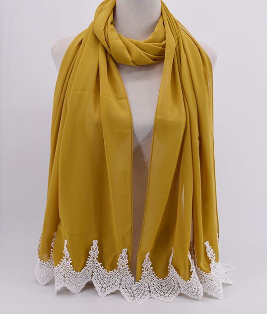 穆斯林时尚新款头巾定制蕾丝拼接雪纺头巾欧美时尚纯色披肩