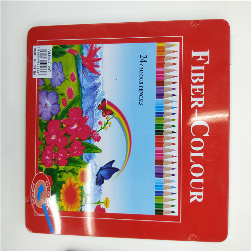 24色长款彩色铅笔绘画笔学习用品中铁盒