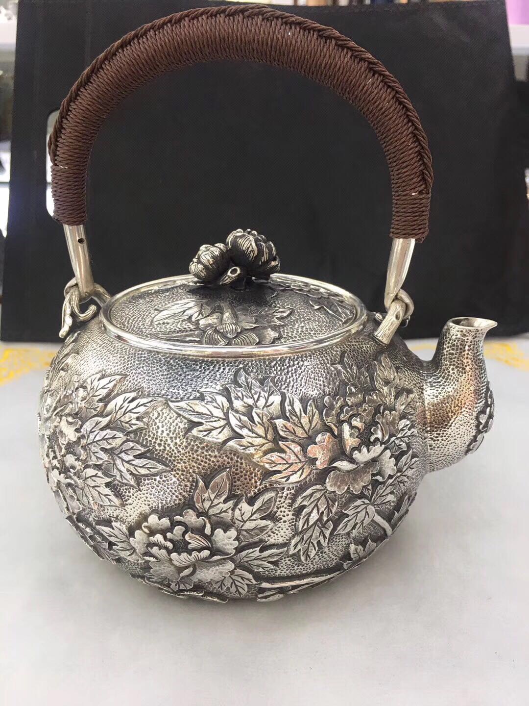 Silver pot pure silver handmade a hammer grain fortune prosper kettle tea ceremony home cooking teapot Specification drawing