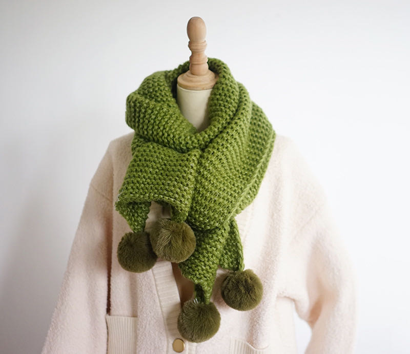 Avocado Green Scarf Thickened Thermal With Hairball Cute
