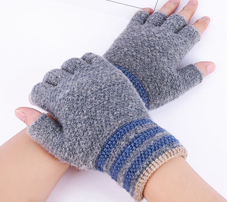 冬季男女蓝灰针织半指保暖手套 韩版毛线加绒手套产品图