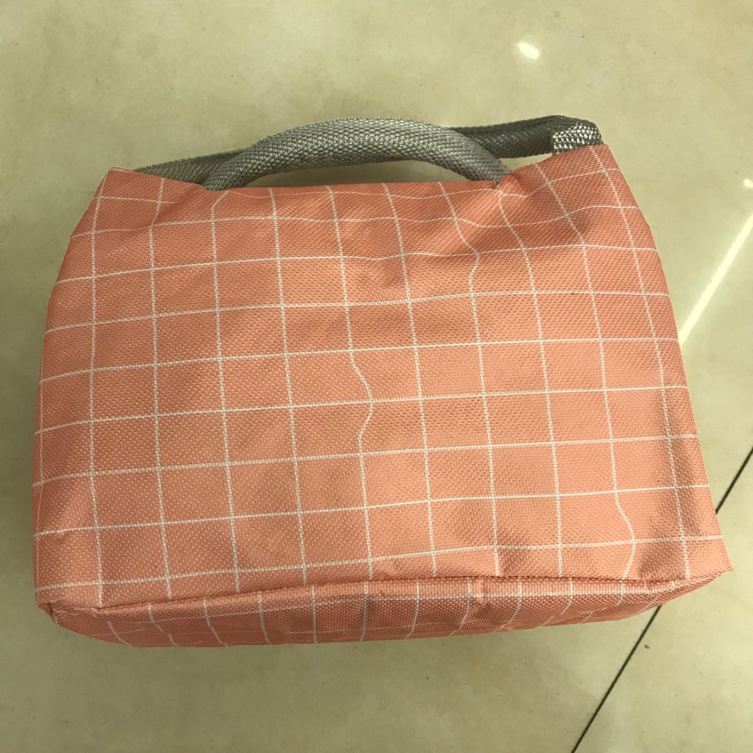 粉色格子带饭手提牛津布保温袋