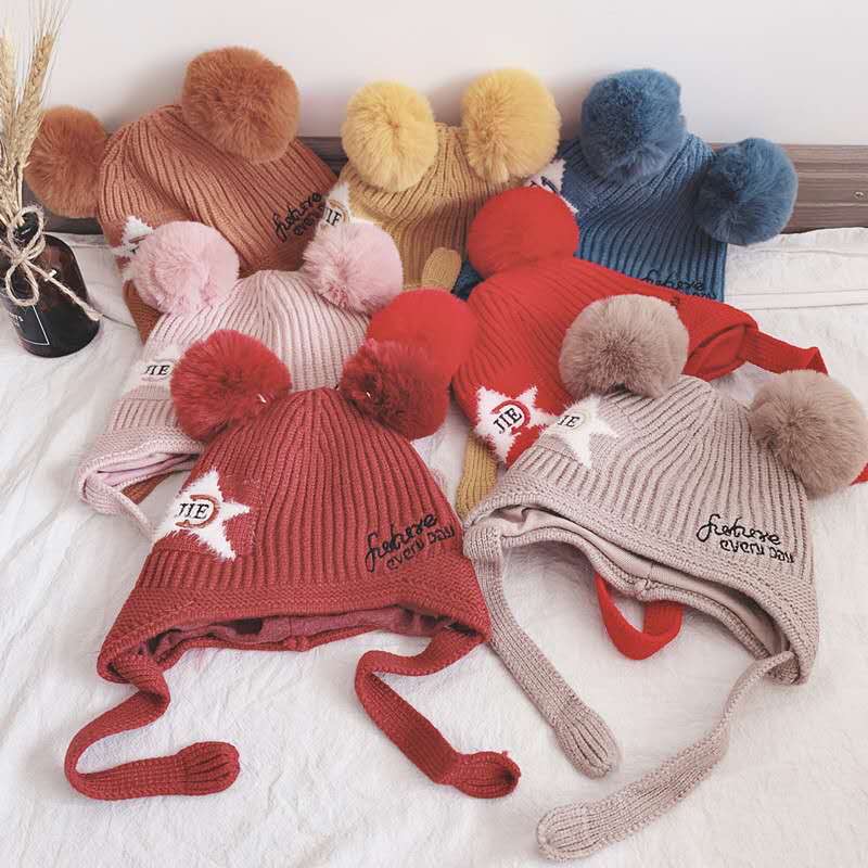 Children's hats, winter ear protectors, 1-8 years old baby woolen hats, autumn and winter knitted cotton lining for warmth, boys and girls 2