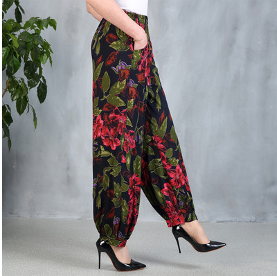 Summer large-sized loose cotton silk wide-leg lantern pants for middle-aged and elderly women