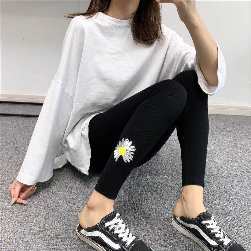 新款纯棉九分小脚打底裤女高腰弹力小雏菊