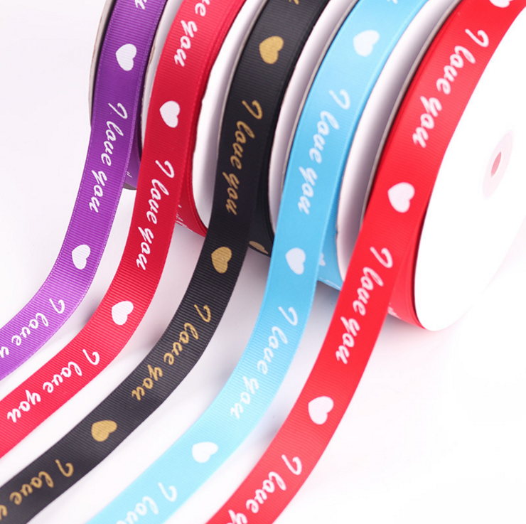 2CM threaded English heart-shaped Valentine's Day ribbon gift box packaging tape, festival color ribbon printed ribbon details Picture