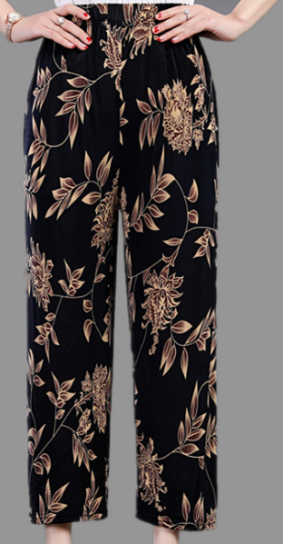 夏季中老年女裤冰丝妈妈裤宽松大码花裤子松紧腰休闲九分裤