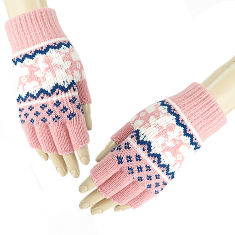 毛线保暖手套提花双鹿加绒半指漏指手套男士