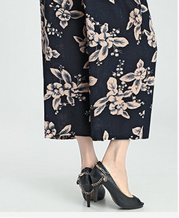 新品中老年女装休闲裤子夏天薄款妈妈高腰棉麻印花大码九分直筒裤细节图