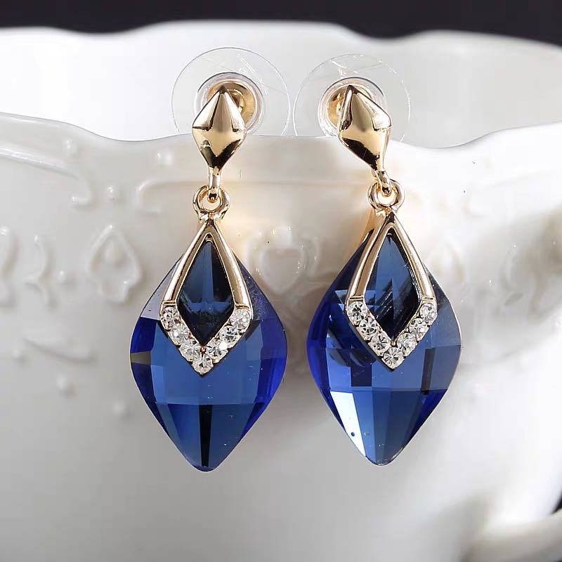 韩国时尚蓝色等多色透明水晶坠子宝石女气质耳饰