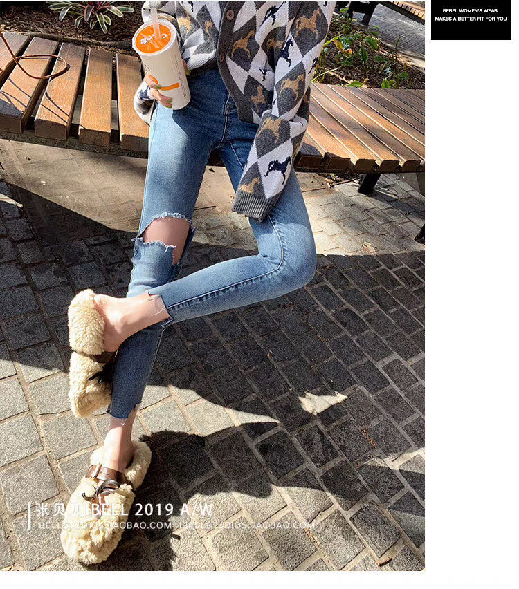 膝盖破洞牛仔裤女新款小脚裤高腰紧身乞丐九分不规则八分小个子潮产品图