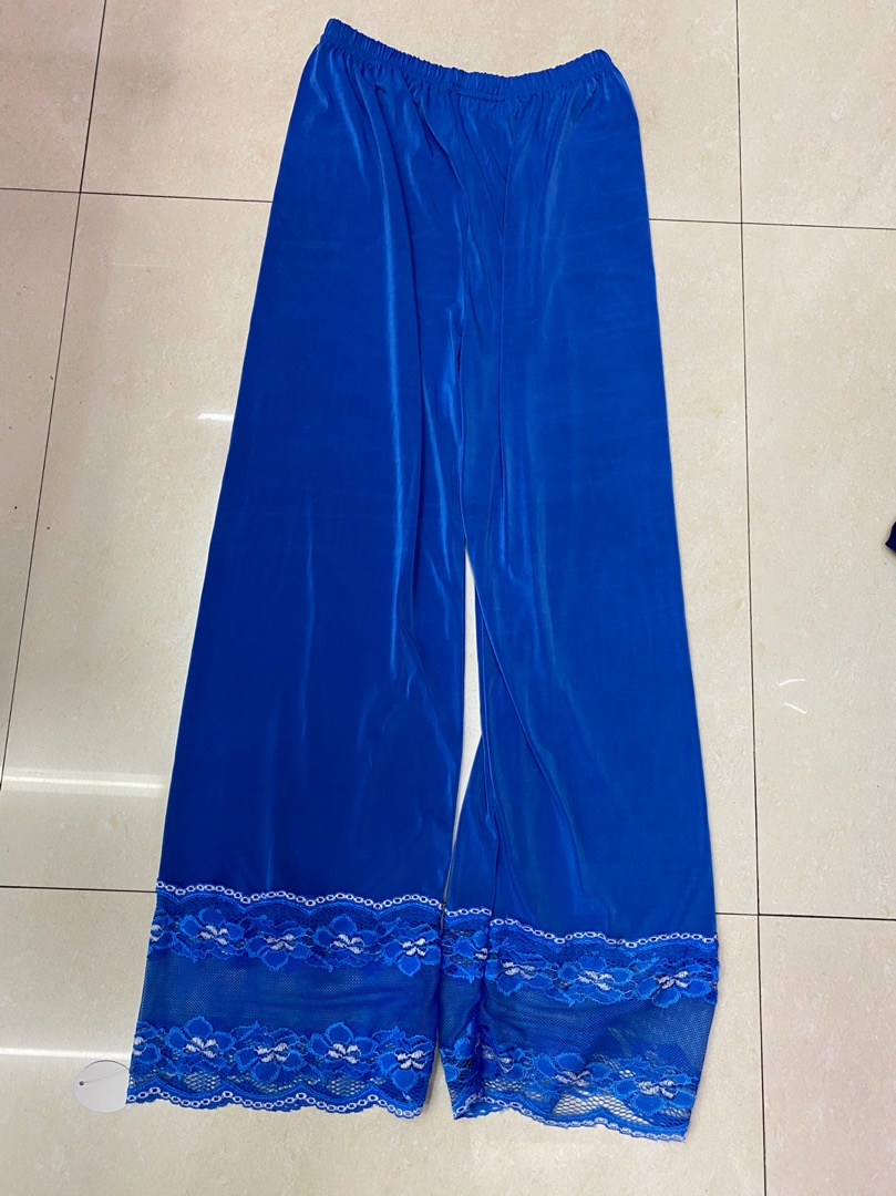 新款春秋仿真丝夏性感短裤蕾丝花边丝绸蓝色长裤