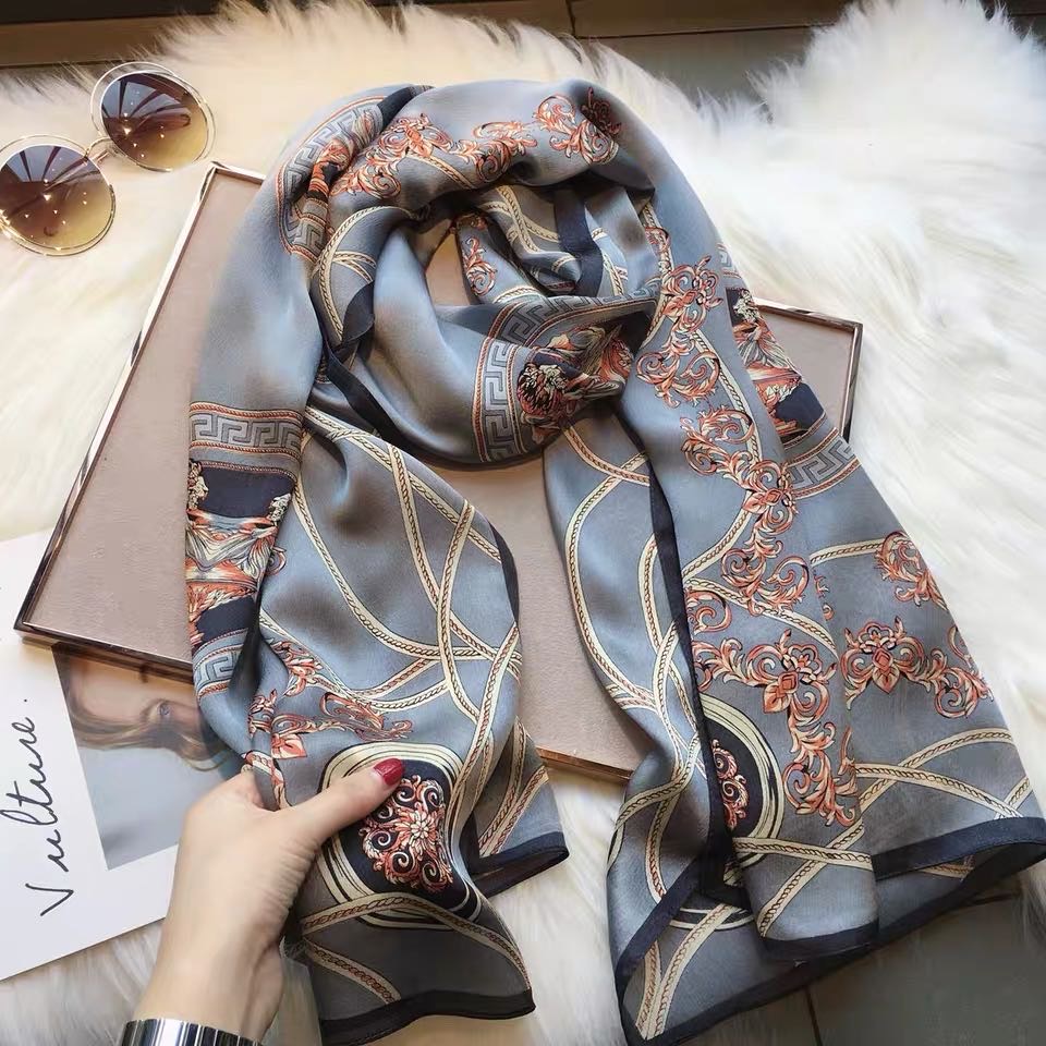 Grey Blue High-Grade Silk Scarf Scarf Long Fashion Everything details Picture
