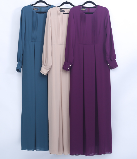 女士时尚潮流百搭穆斯林圆领压皱雪纺长裙