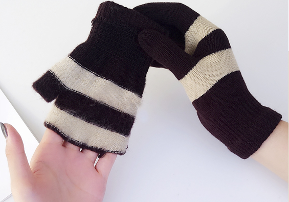 五指学生韩版拉绒男女通用条纹成人手套针织毛线冬季手套魔术细节图