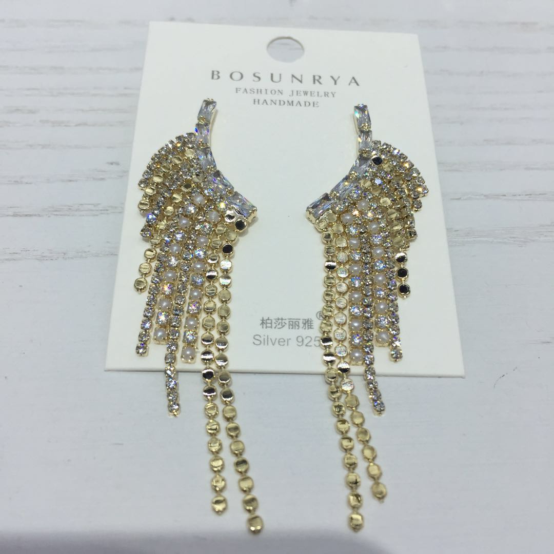 925 silver needle artificial rhinestone tassel earrings, long earrings, feminine charm, European and American exaggerated personality earrings and earrings
